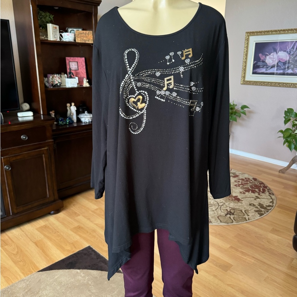Gardy black w/gold & silver musical design on front blouse-size XL
